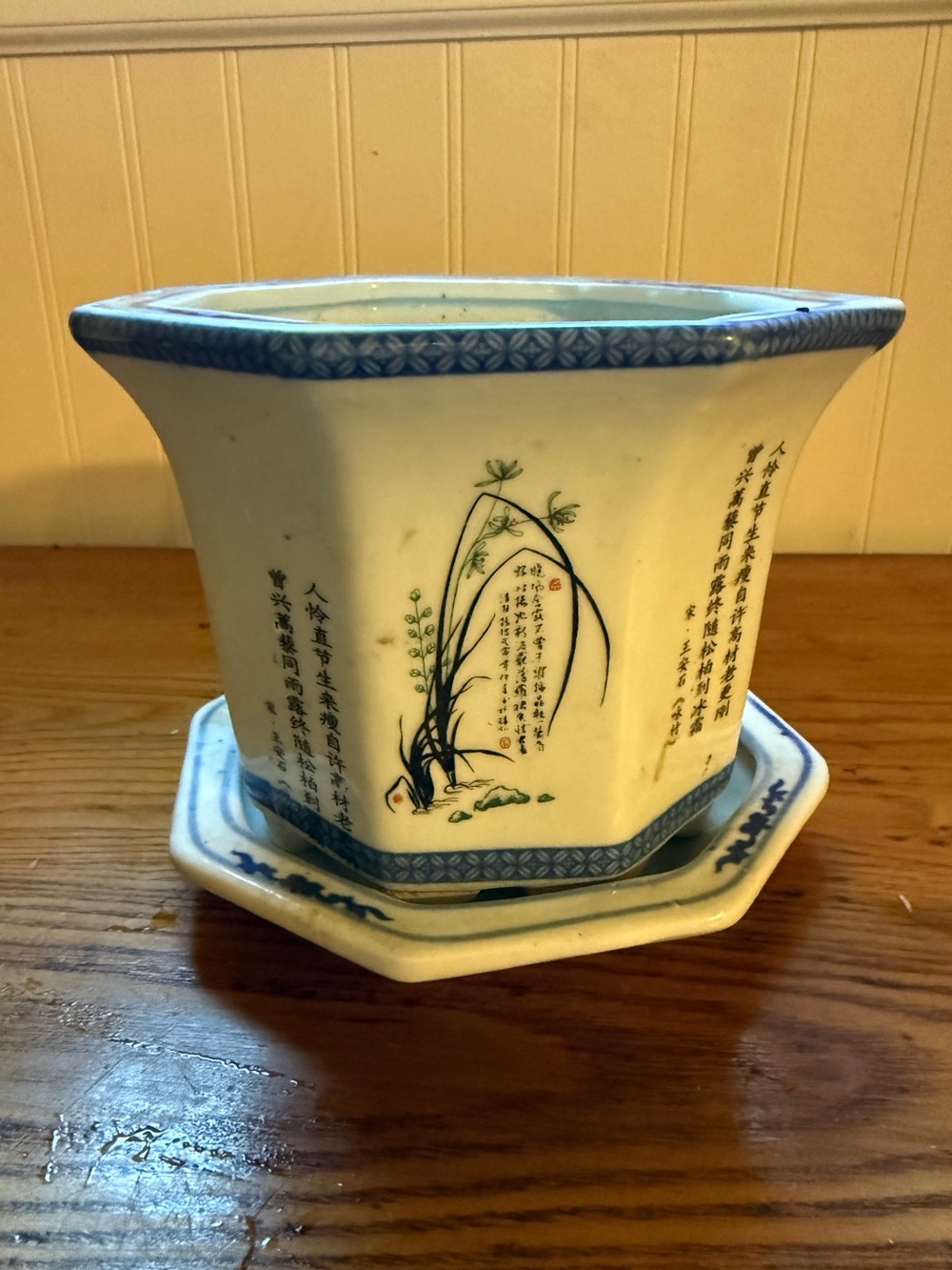 Vintage Chinese Hexagonal Poem Planter with Tray